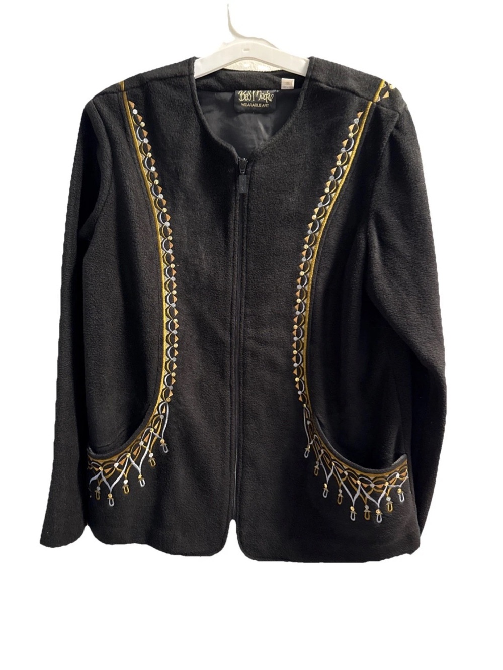 Bob mackie wearable art Black Embroidered Zip-Front Jacket with Gold Accents